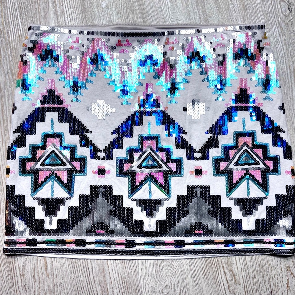 Express Sequin Aztec Mini Skirt XS Southwestern Festival Boho Bodycon